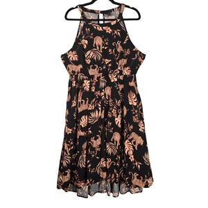 Torrid Dress Womens 1X Black Halter Midi Leopard Jungle Print Pockets Tropical